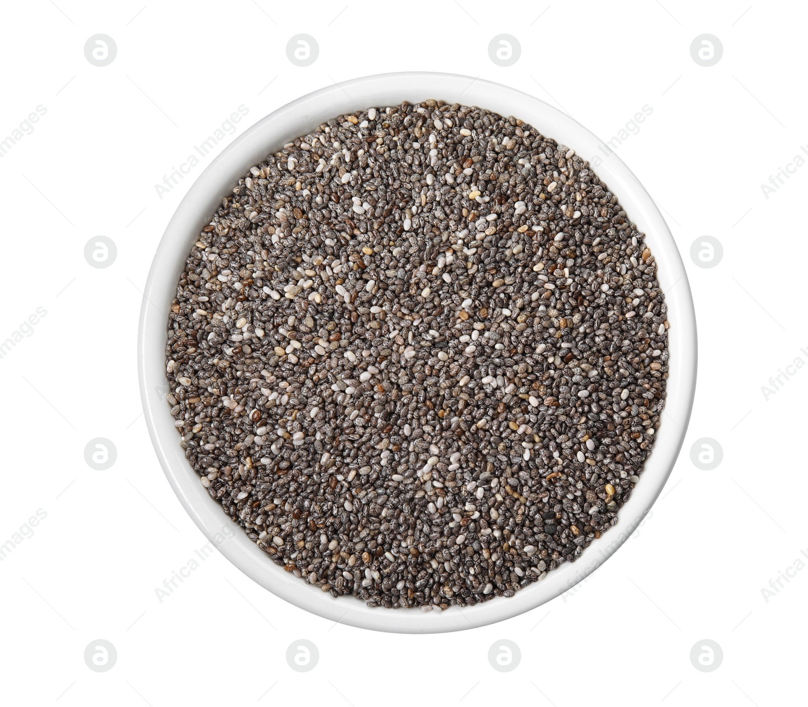 Photo of Bowl with chia seeds isolated on white, top view