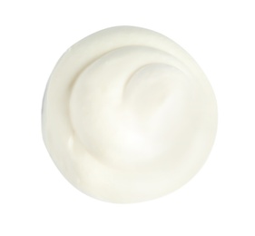 Delicious sour cream on white background, top view. Dairy product