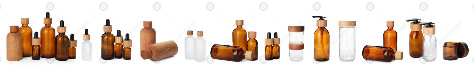 Image of Collage with different bottles isolated on white