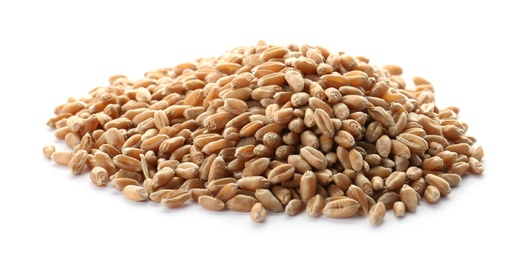 Photo of Raw wheat on white background. Healthy grains and cereals