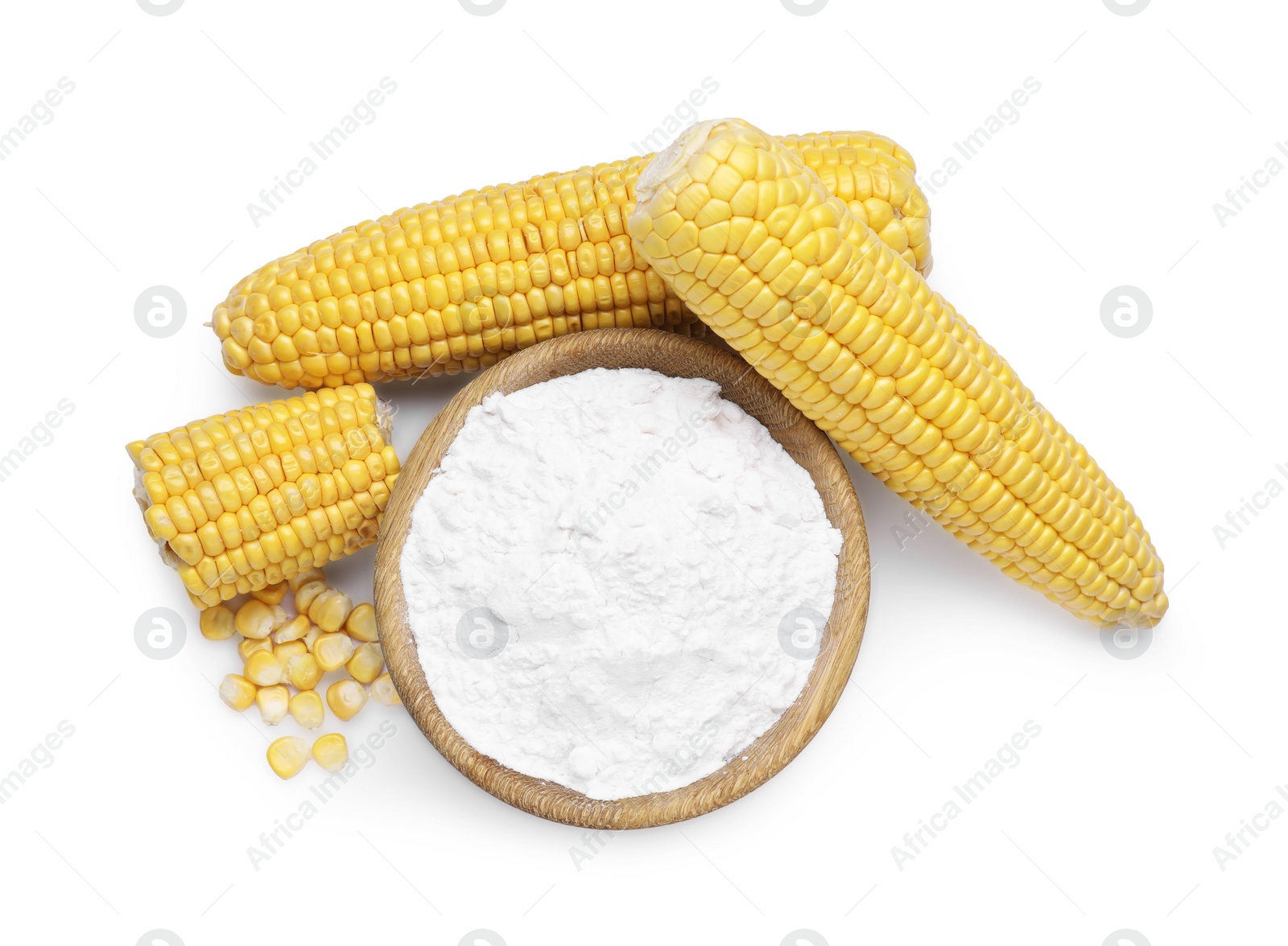 Photo of Bowl of corn starch, ripe cobs and kernels on white background, top view