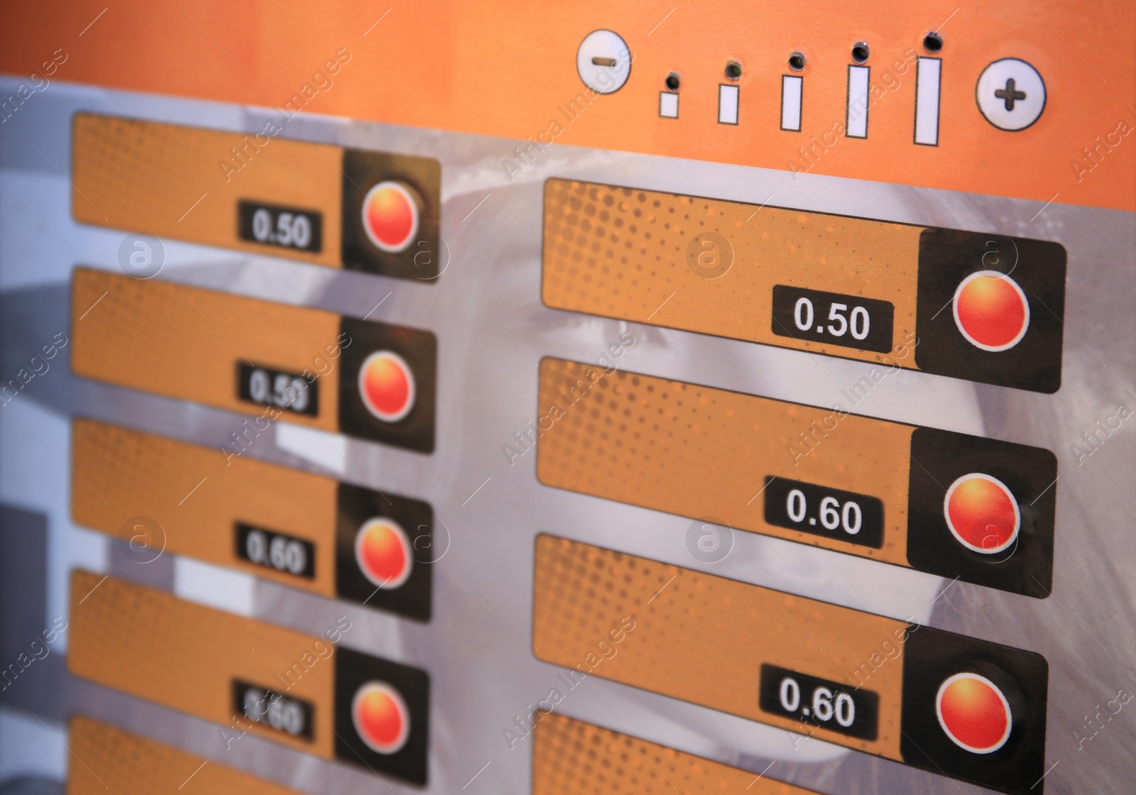 Image of Coffee vending machine, closeup. Menu with different drinks and buttons