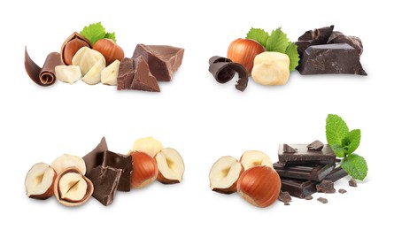 Image of Chocolate and hazelnuts isolated on white, set