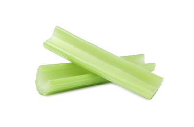 Photo of Fresh green cut celery isolated on white