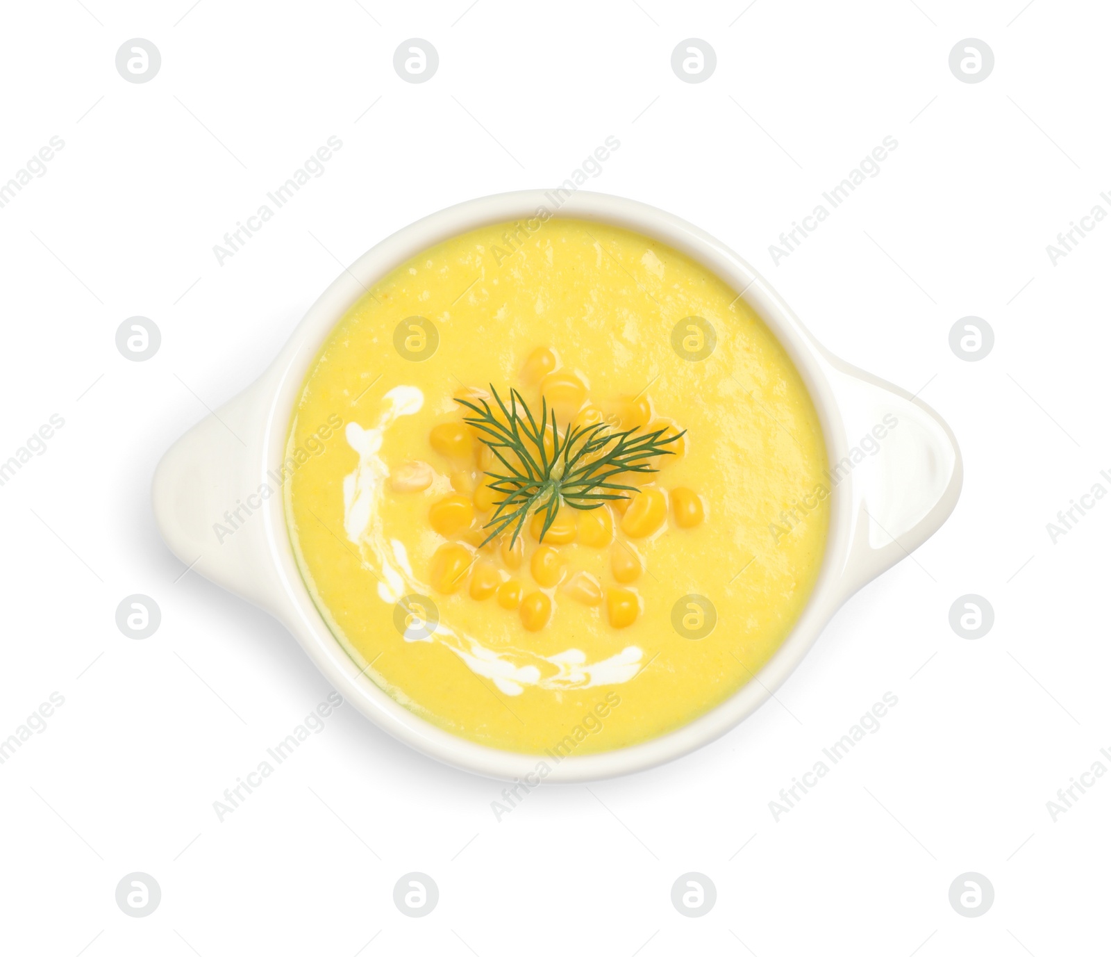 Photo of Delicious creamy corn soup isolated on white, top view