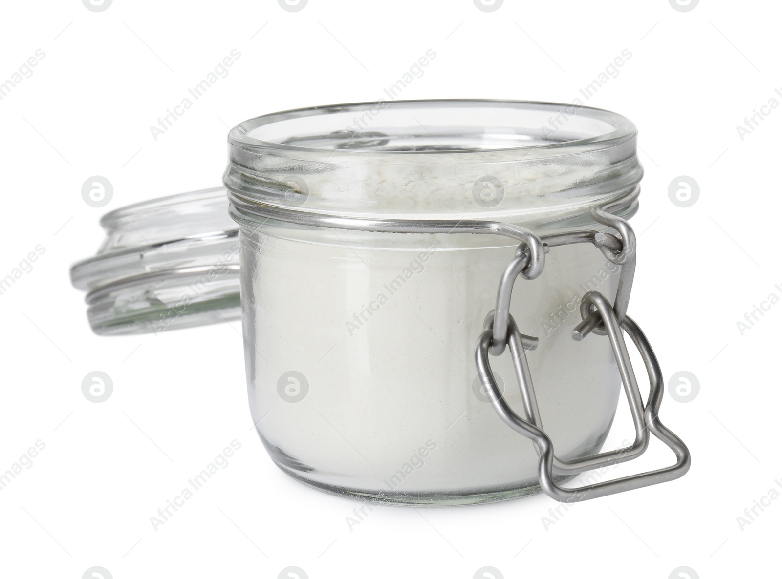 Photo of Baking powder in glass jar isolated on white