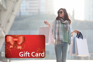 Store gift card. Happy woman with shopping bags 