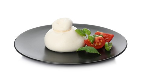 Photo of Delicious burrata cheese with basil and tomato on white background