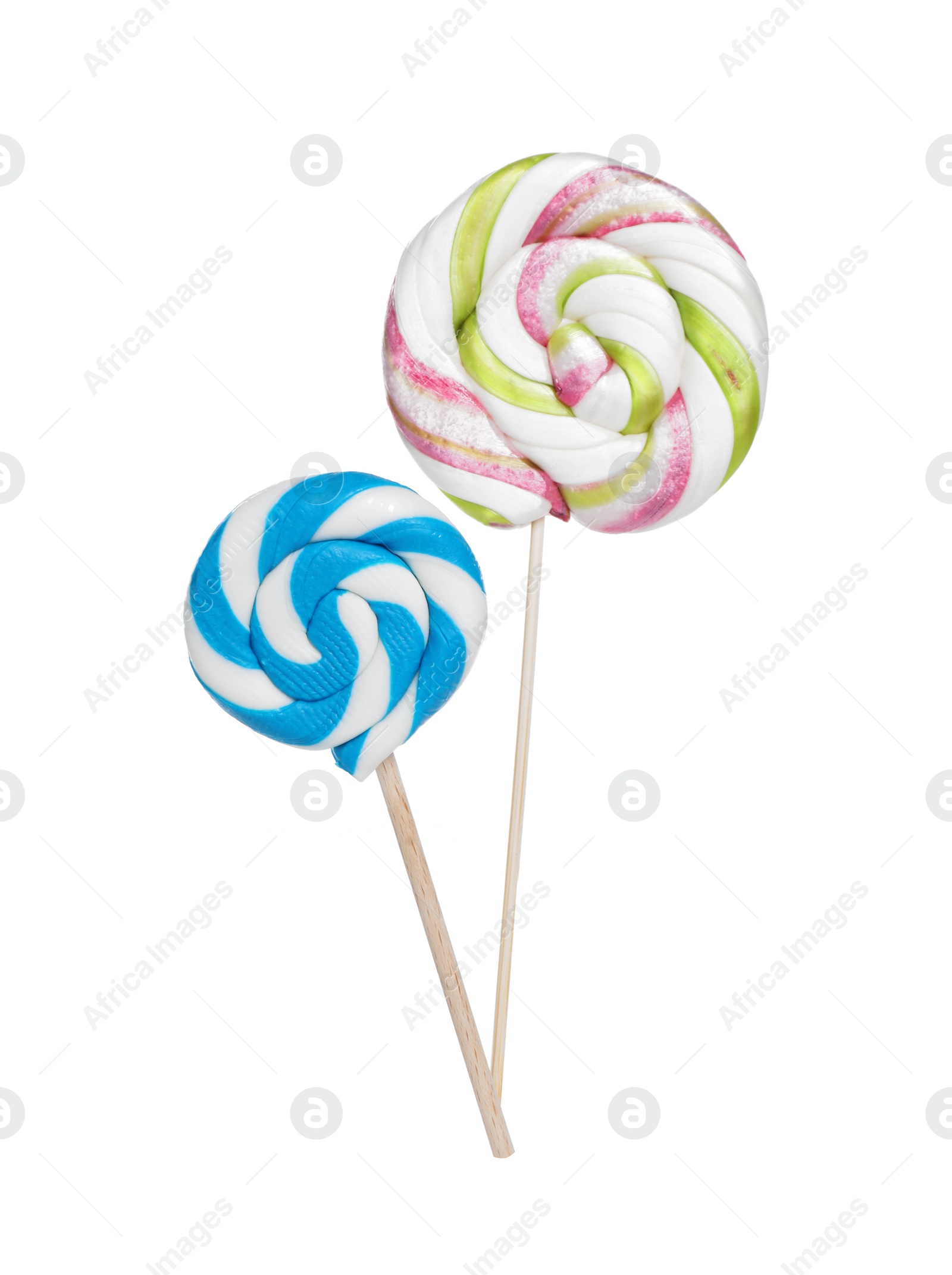 Photo of Sticks with colorful lollipops isolated on white