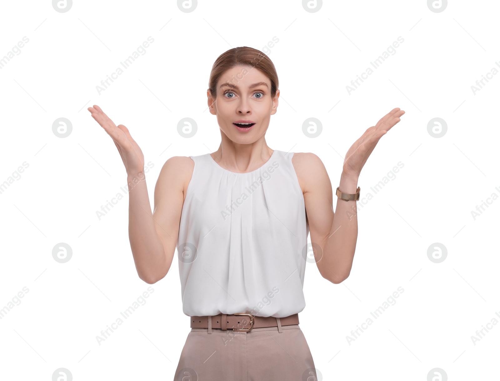 Photo of Portrait of emotional businesswoman on white background