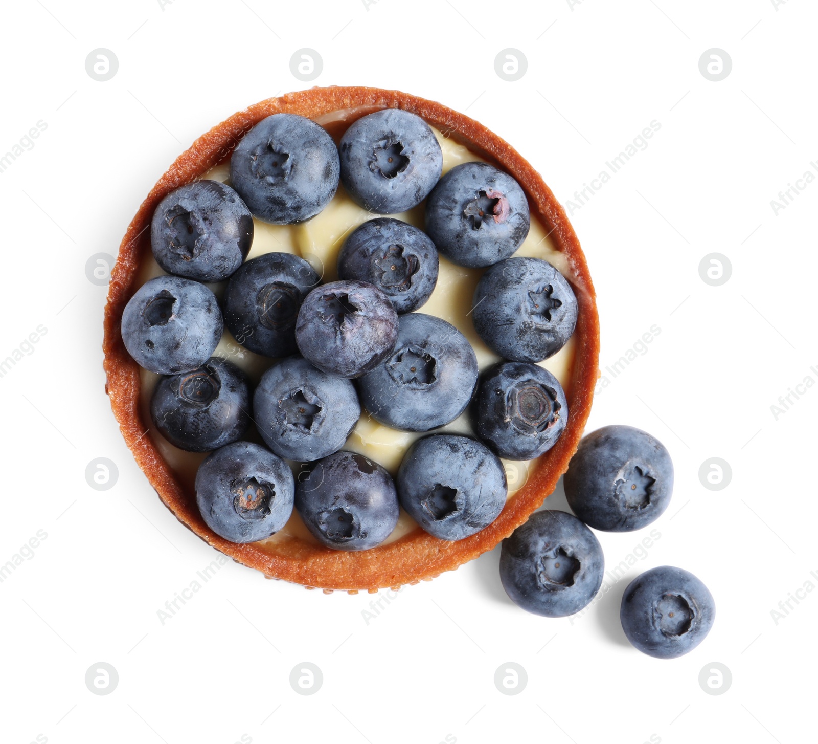 Photo of Tartlet with fresh blueberries isolated on white, top view. Delicious dessert