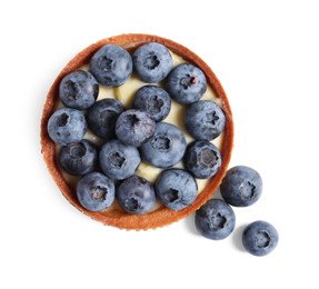 Photo of Tartlet with fresh blueberries isolated on white, top view. Delicious dessert