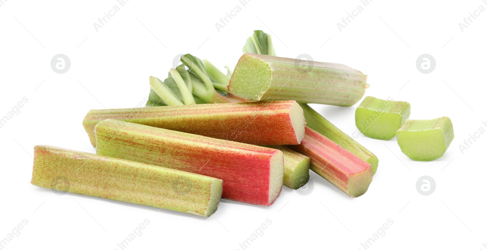 Photo of Cut fresh rhubarb stalks on white background