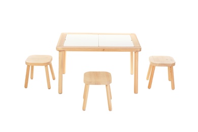 Wooden table and stools for kids isolated on white