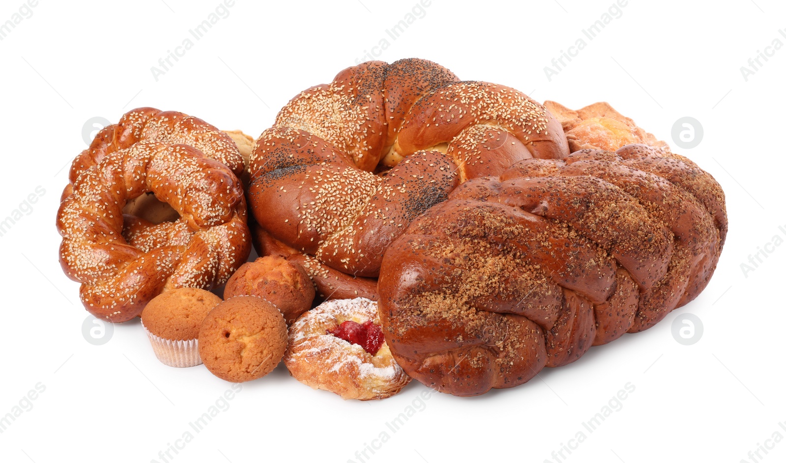 Photo of Different tasty freshly baked pastries isolated on white