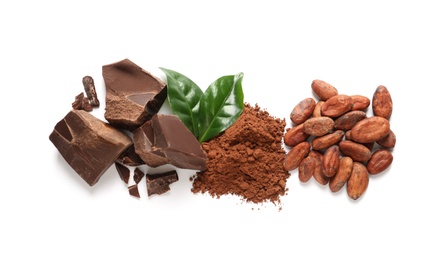 Photo of Composition with cocoa products on white background, top view