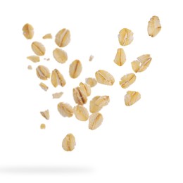 Image of Rolled oat flakes falling on white background