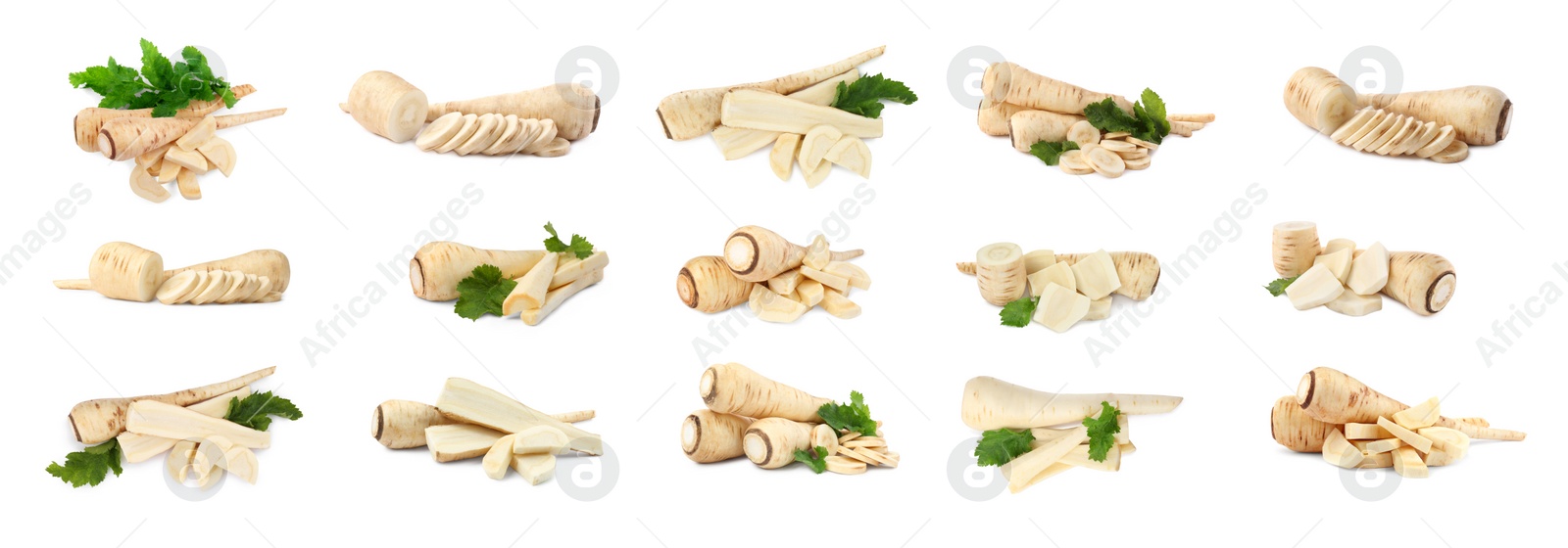 Image of Collage with whole and cut parsnips on white background