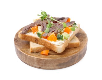 Delicious toasts with anchovies, cream cheese, bell peppers and cucumbers isolated on white