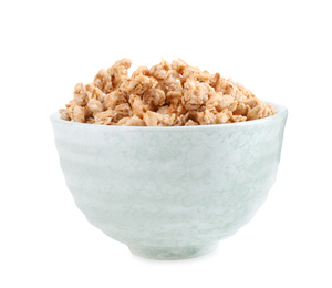 Image of Tasty crispy granola in bowl isolated on white