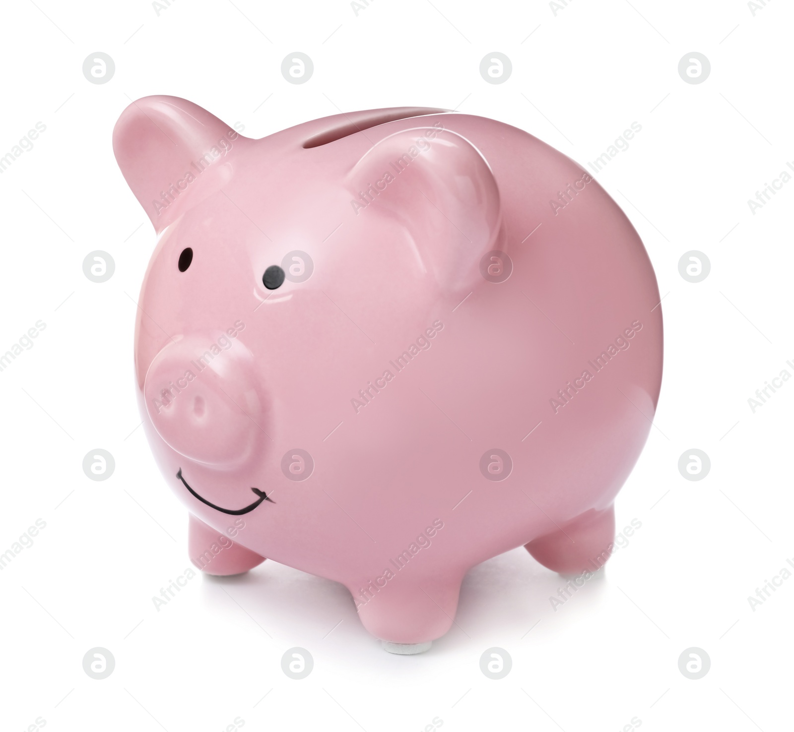 Photo of Pink piggy bank on white background. Money saving