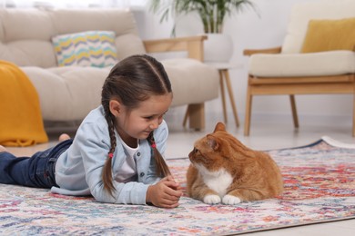 Smiling little girl and cute ginger cat on carpet at home