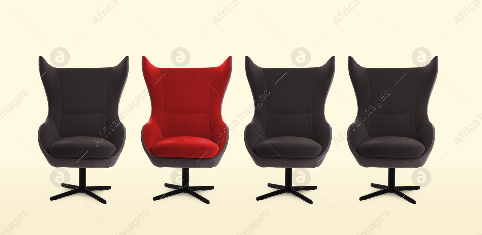 Image of Vacant position. Red office chair among dark grey ones on beige background, banner design