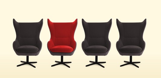 Vacant position. Red office chair among dark grey ones on beige background, banner design