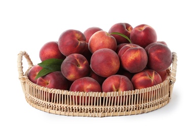 Photo of Tray of delicious ripe peaches isolated on white