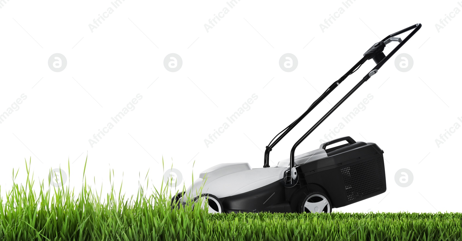 Image of Modern garden lawn mower cutting green grass, white background. Banner design