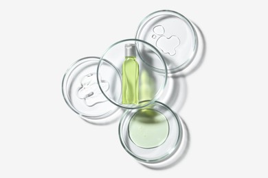 Petri dishes with samples and bottle on white background, top view