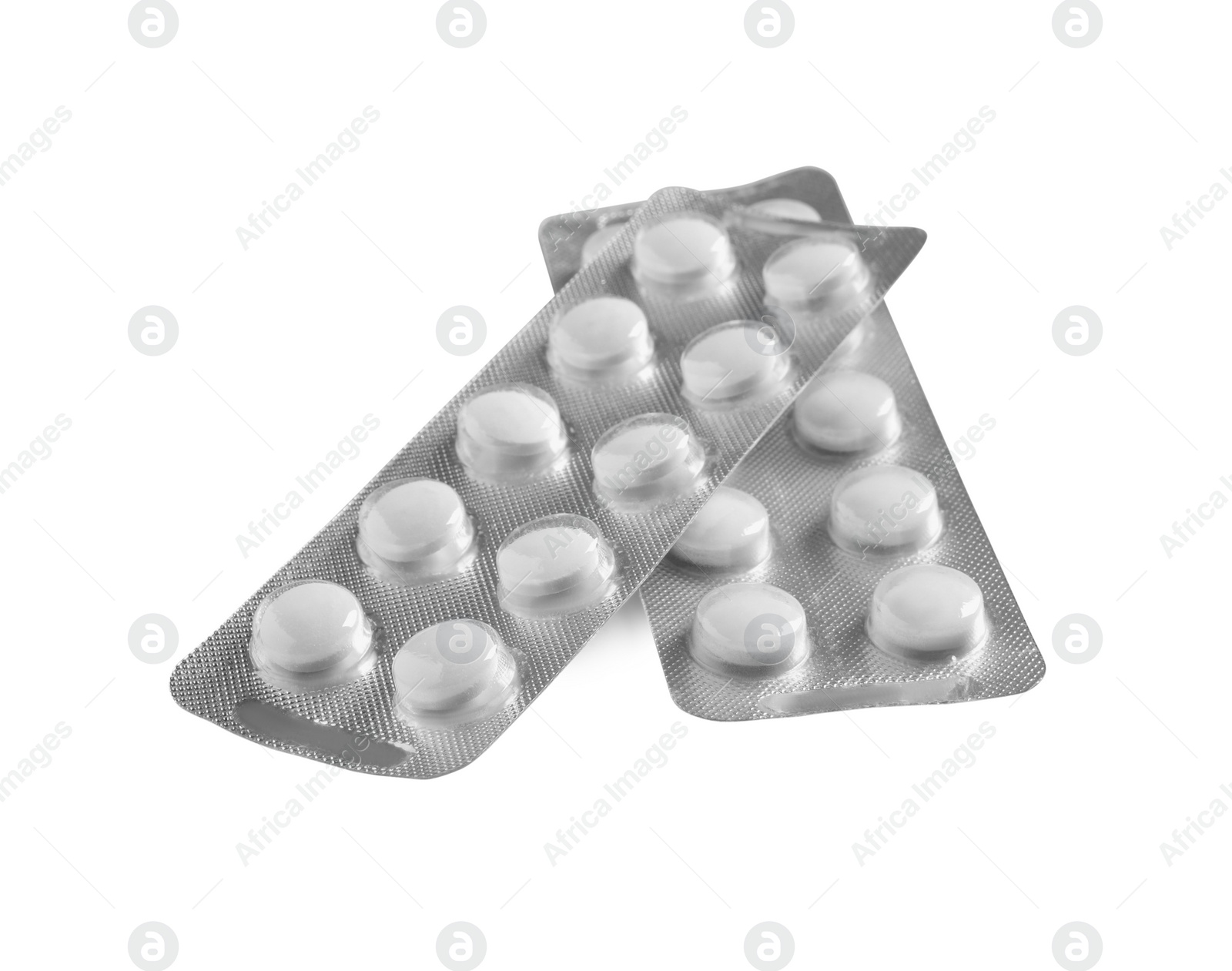 Photo of Blisters of pills on white background. Medicinal treatment