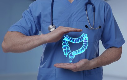 Gastroenterologist holding illustration of large intestine on light grey blue background, closeup