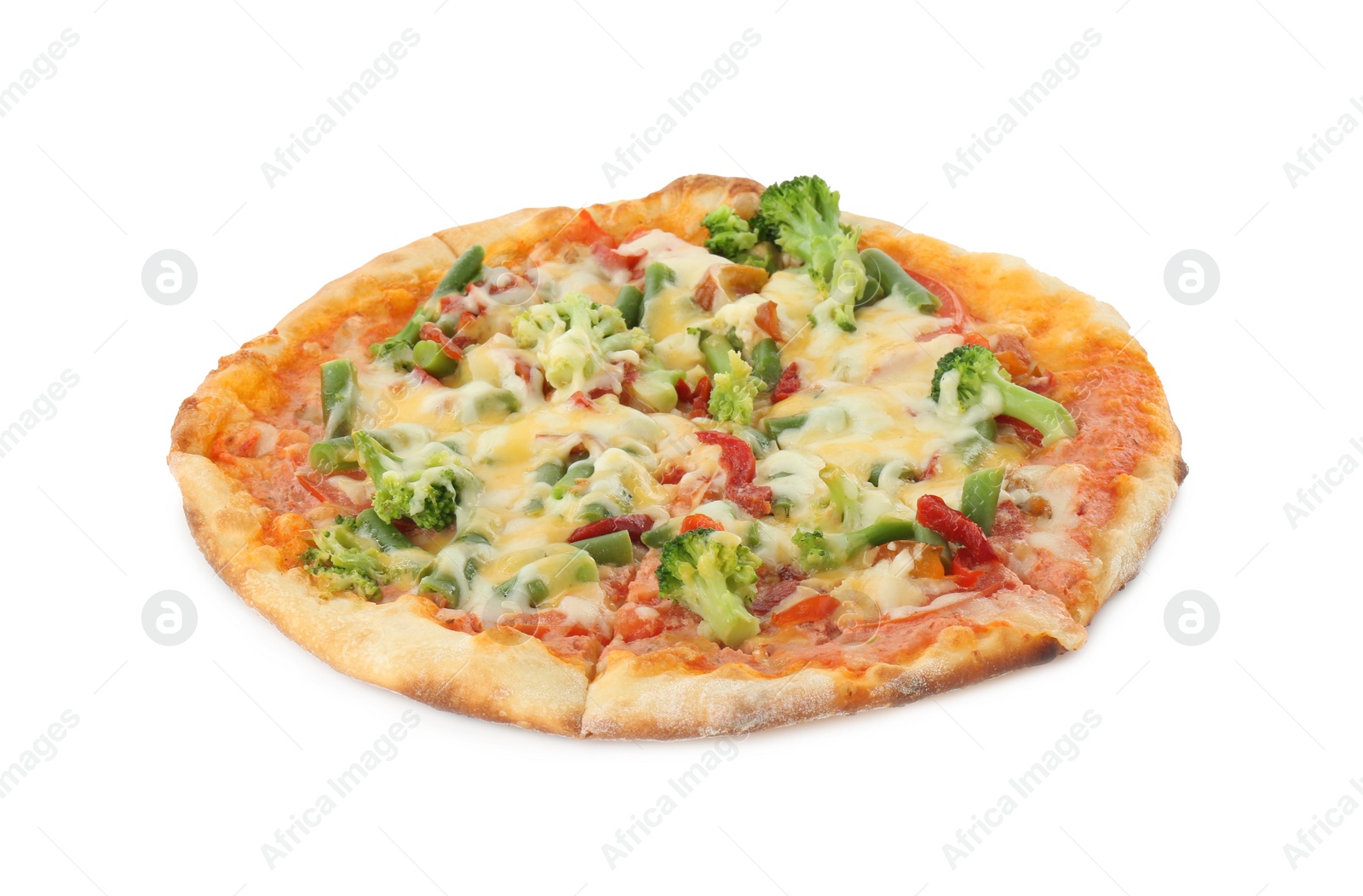 Photo of One delicious vegetarian pizza isolated on white