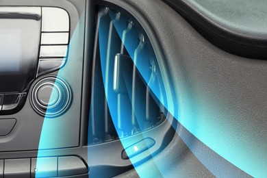 Image of Closeup view of conditioning system in car and illustration of cool air flow