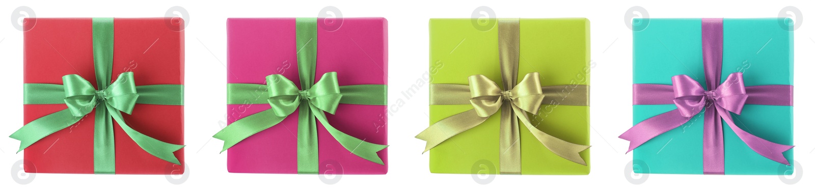 Image of Set of Christmas gift boxes on white background, top view. Banner design