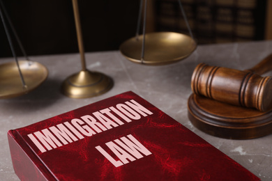 Immigration law book and gavel on grey marble table, closeup