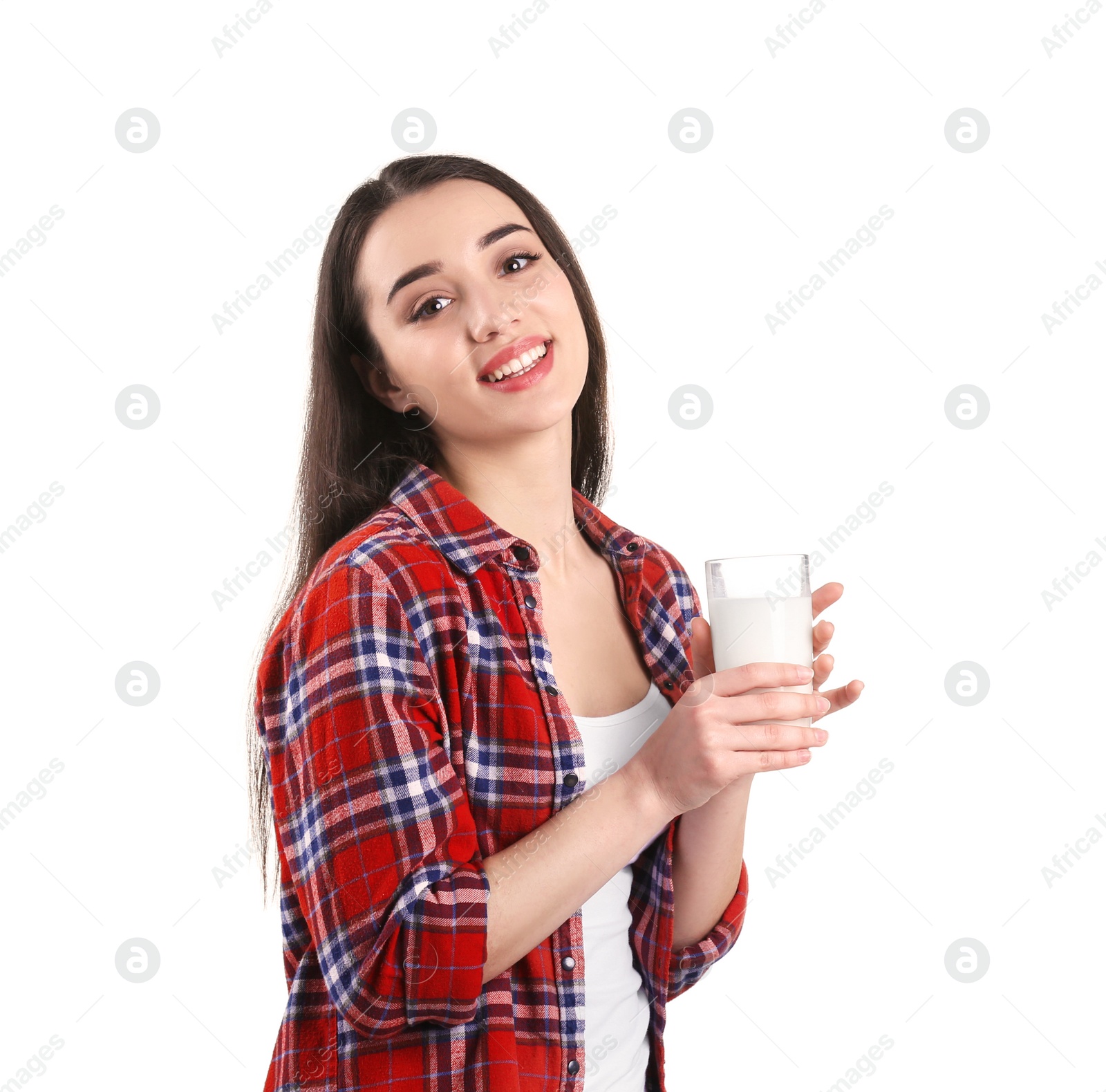 Photo of Beautiful young woman drinking milk on white background