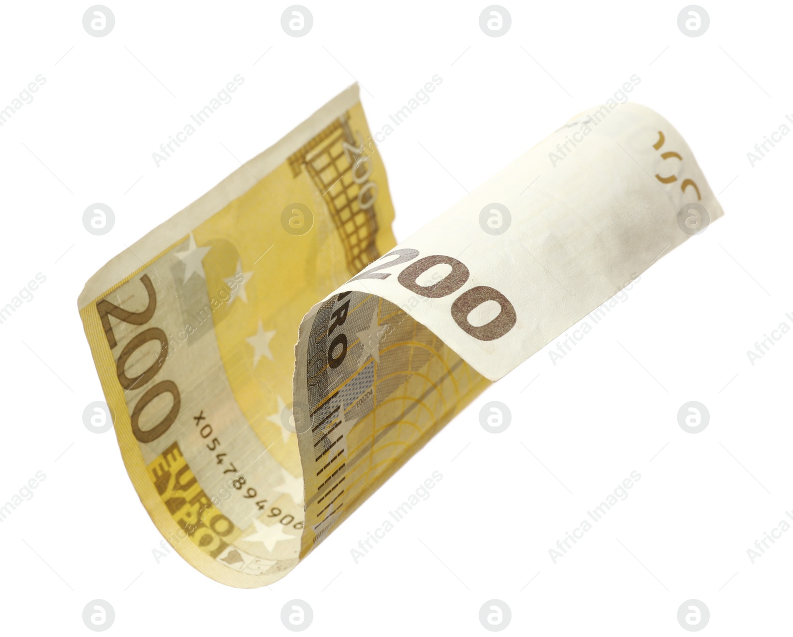 Photo of Flying two hundred Euro banknote isolated on white