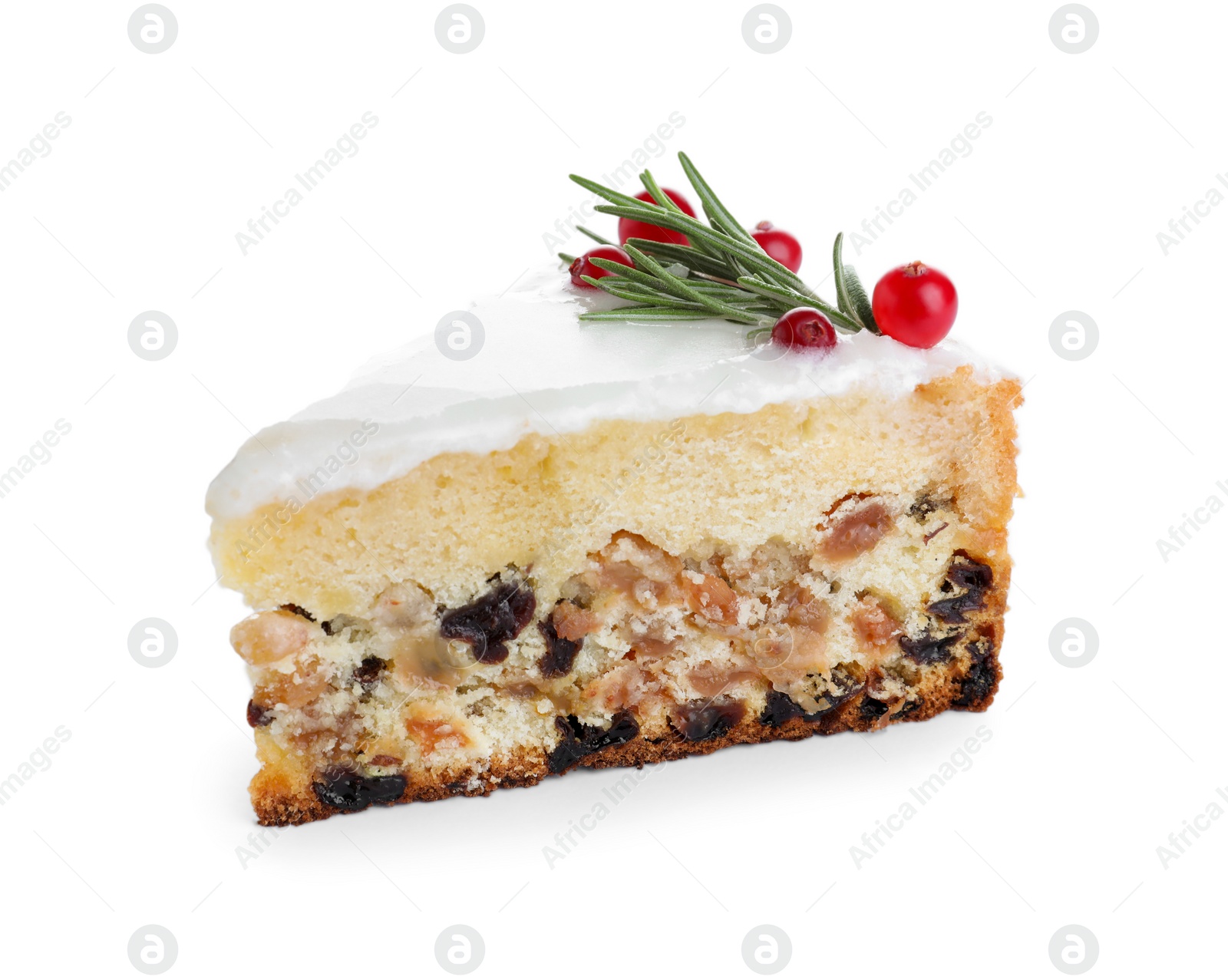 Photo of Slice of traditional Christmas cake decorated with rosemary and cranberries isolated on white