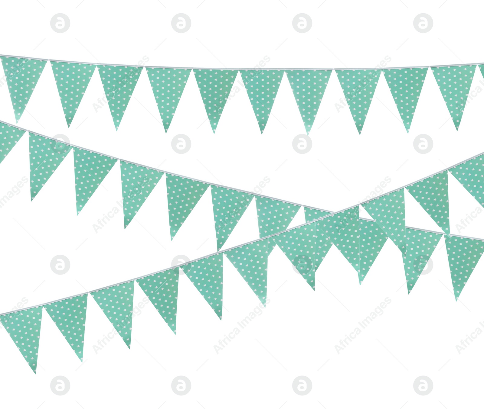 Image of Light green triangular bunting flags on white background. Festive decor