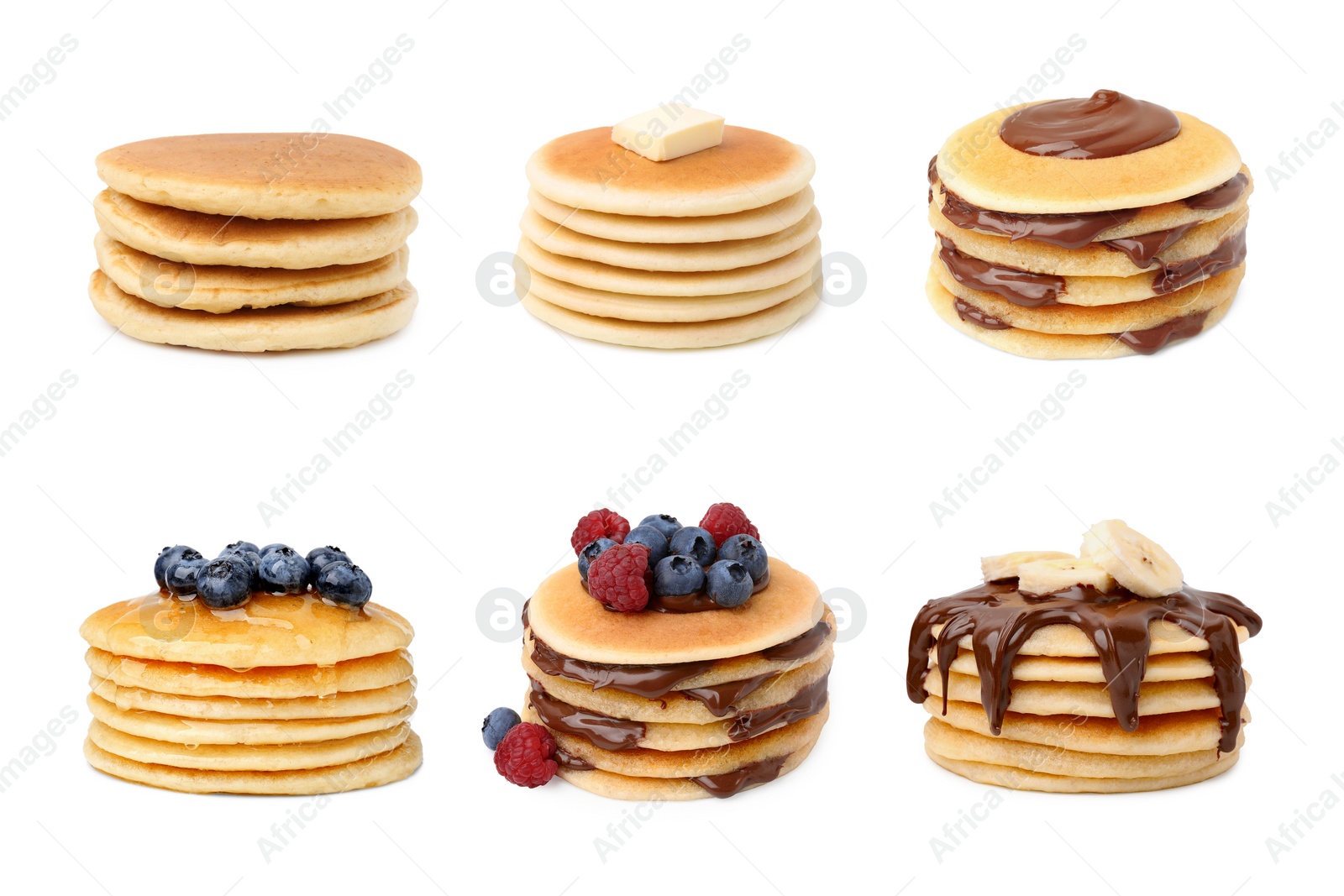 Image of Set of tasty pancakes with toppings isolated on white