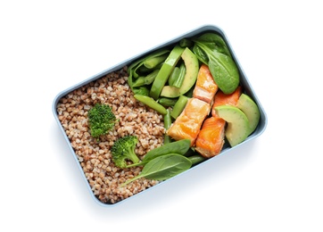 Container with natural protein food on white background, top view