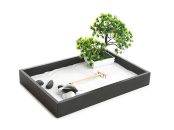 Photo of Beautiful miniature zen garden isolated on white