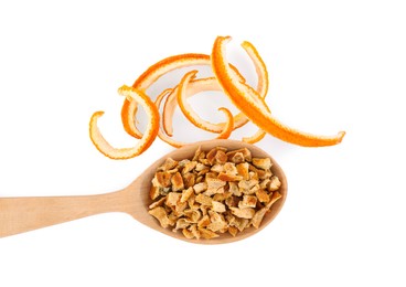 Photo of Spoon with dried orange zest seasoning and fresh peel isolated on white, top view