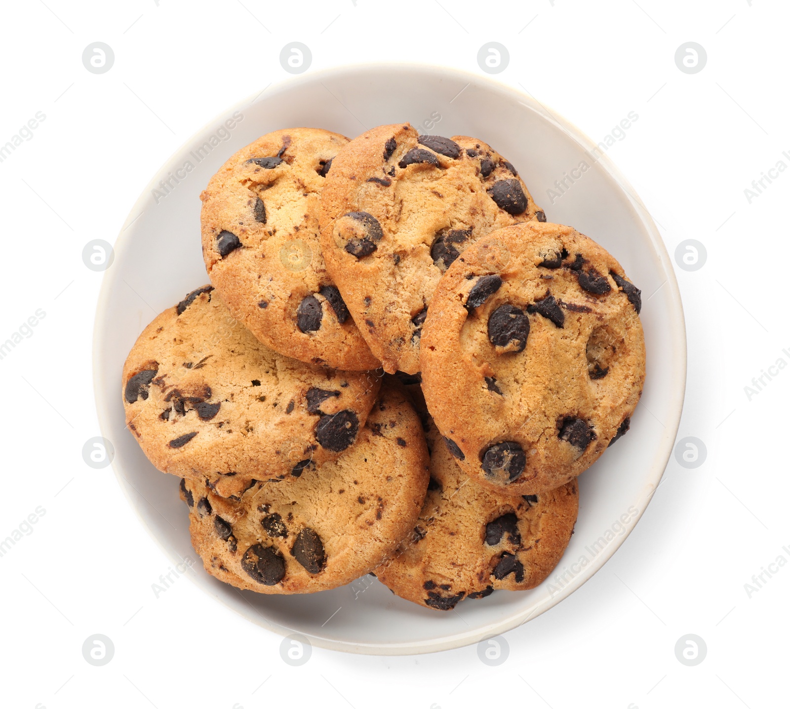 Photo of Plate with chocolate chip cookies on white background, top view