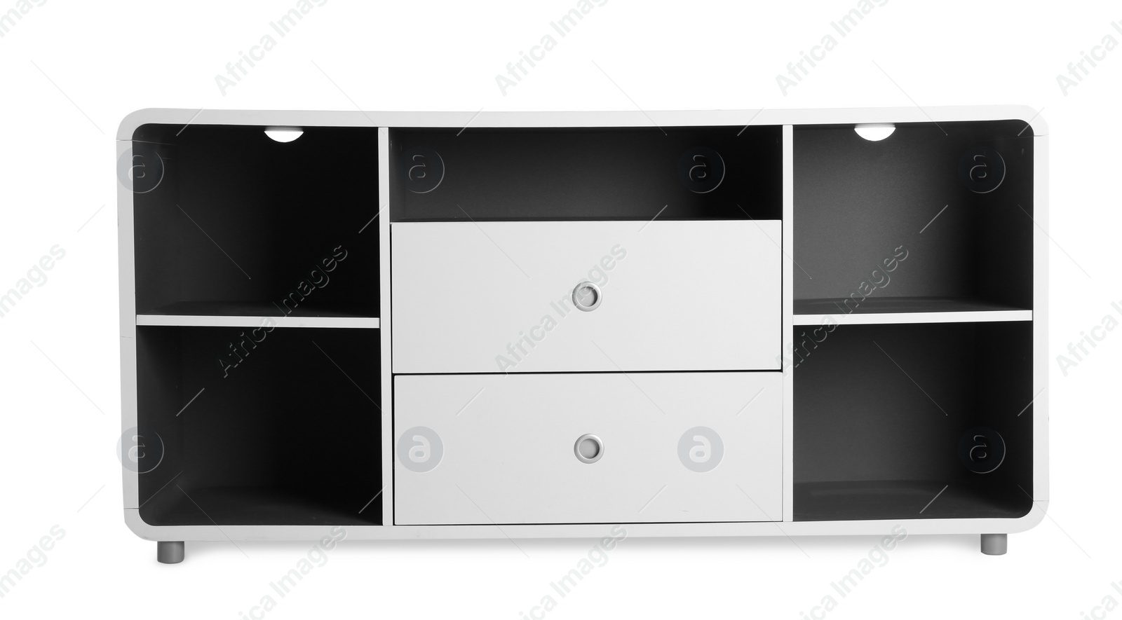 Photo of Stylish shelving unit with empty compartments on white background. Furniture for wardrobe room