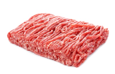 Photo of Fresh raw minced meat on white background