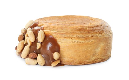 Photo of Round croissant with chocolate paste and nuts isolated on white. Tasty puff pastry