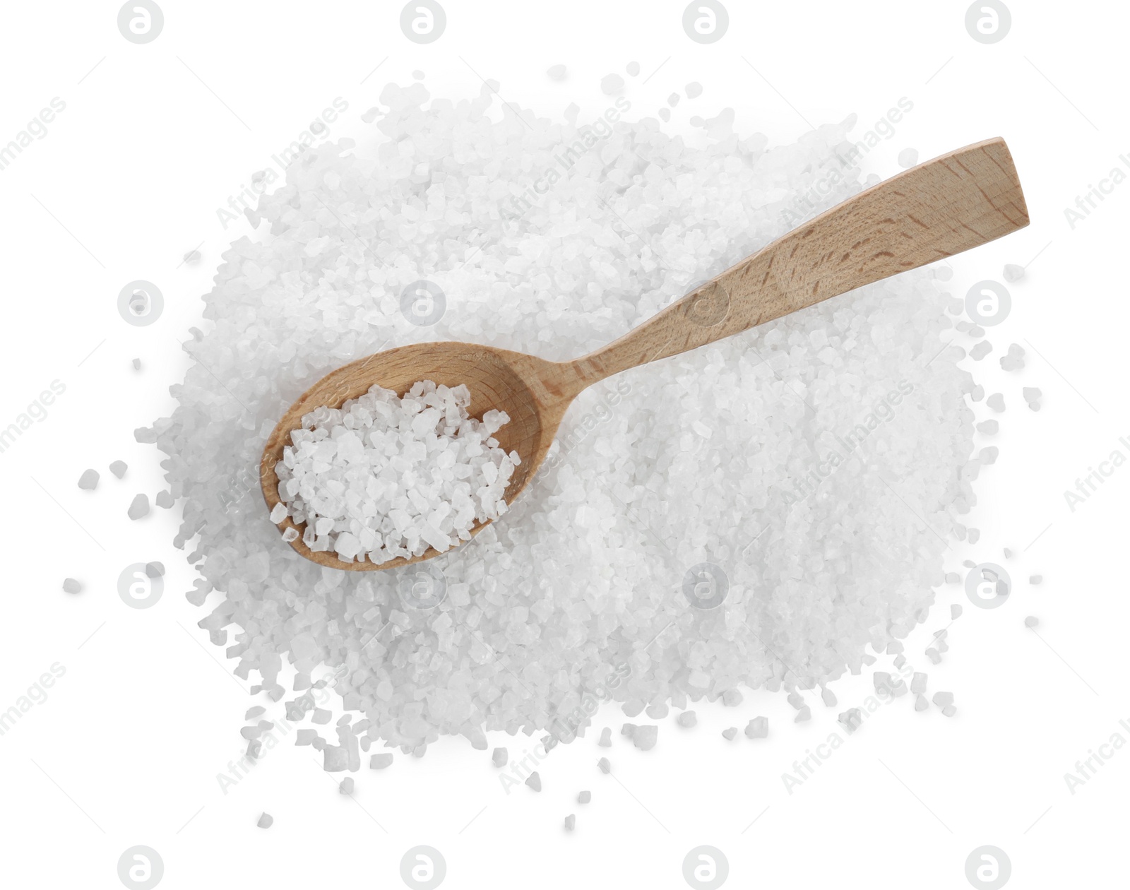 Photo of Pile of natural sea salt and wooden spoon on white background, top view